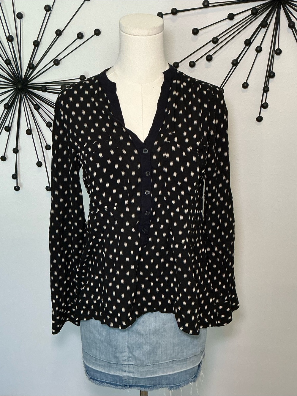 Vanessa Virginia Anthropologie Black Ikat Print Peplum Blouse 4